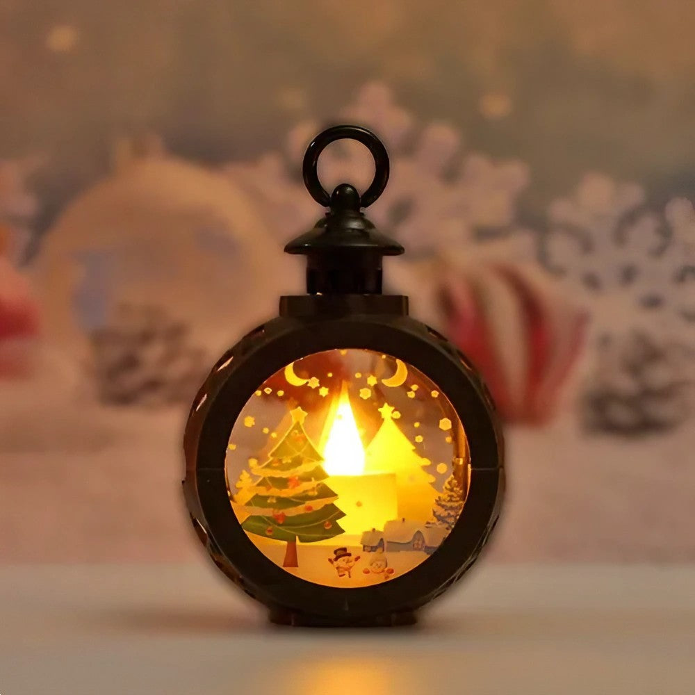 Decoratiune Craciun tip Felinare cu baterii, 13.5 x 9 cm,Lumanare cu geam si inscriptie Brad Craciun,lumina alb cald,baterii incluse,Negru - vivimall.ro