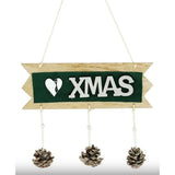 Decoratiune Craciun din Lemn, Vivimall, Model Scris Xmas, Conuri Atarnate, cu Inimioara 25x9 cm, pentru Brad sau Usa, Verde/Argintiu - vivimall.ro