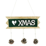 Decoratiune Craciun din Lemn, Vivimall, Model Scris Xmas, Conuri Atarnate, cu Inimioara 25x9 cm, pentru Brad sau Usa, Verde/Argintiu - vivimall.ro