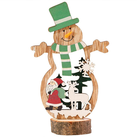 Decoratiune de Craciun, Flippy, din Lemn, 10.5 x 18 cm, Model Om de Zapada cu Caciula Verde, Multicolor - vivimall.ro