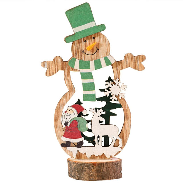 Decoratiune de Craciun, Flippy, din Lemn, 10.5 x 18 cm, Model Om de Zapada cu Caciula Verde, Multicolor - vivimall.ro