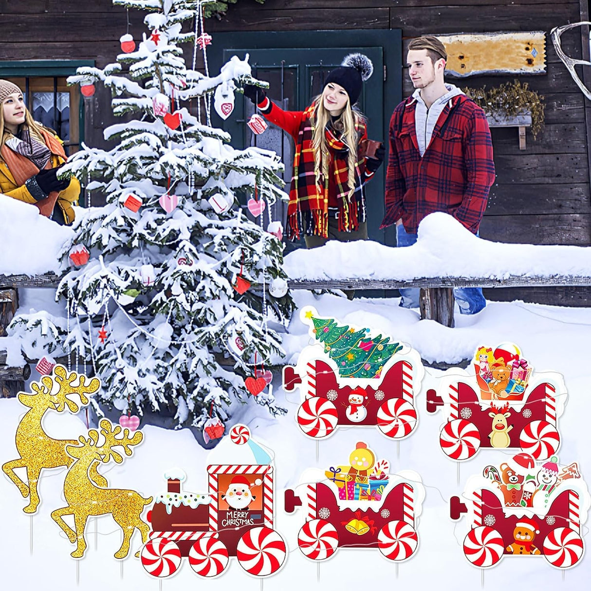 Decoratiune de Craciun, Vivimall, pentru Gradina, Tip Trenulet, 7 Figurine + Bete de Infipt in Pamant, din Plastic, Impermeabil, Model Renii Joy si Noel, Multicolor - vivimall.ro