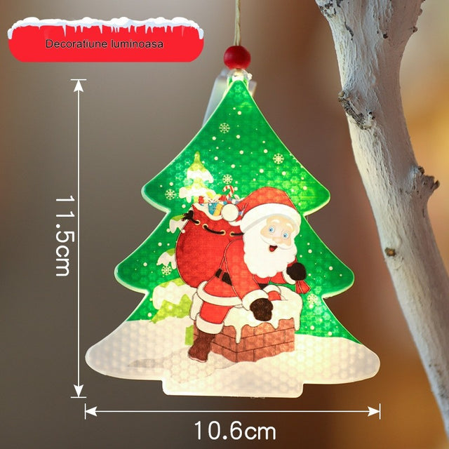 Decoratiune de Craciun Luminoasa in forma de Brad, 11.5 x 10.6 cm, Mos Craciun langa brad, cu agatatoare, Alb Cald, Vivimall - vivimall.ro