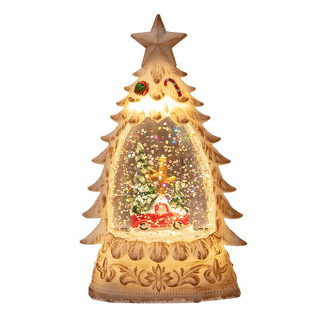 Decoratiune de Craciun tip Brad, Vivimall, Glob de Cristal cu Fulgi de Zapada, Model Masinuta cu Brad, Iluminare LED, 16 x 9 x 5 cm, Carcasa Vintage Bej, Transparent - vivimall.ro