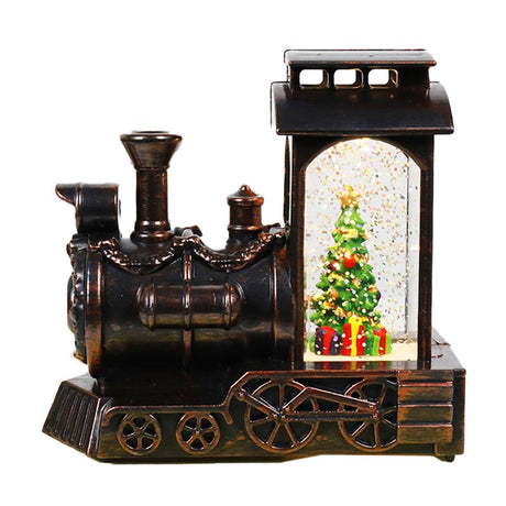 Decoratiune De Craciun Tip Locomotiva, Glob De Cristal Cu Fulgi De Zapada, Iluminare Led, Carcasa Vintage Bronze - vivimall.ro