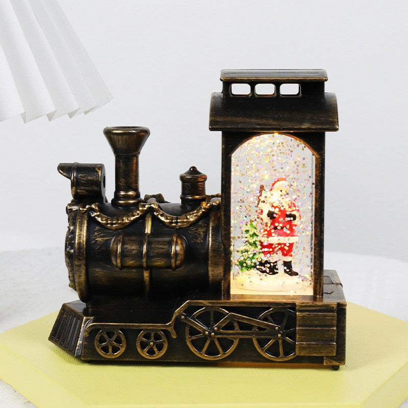 Decoratiune De Craciun Tip Locomotiva, Glob De Cristal Cu Fulgi De Zapada, Iluminare Led, Carcasa Vintage Bronze - vivimall.ro