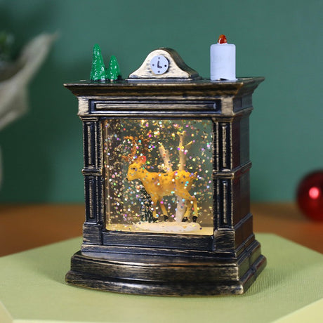 Decoratiune de Craciun tip Semineu / Ceas, Vivimall, Glob de Cristal cu Fulgi de Zapada, Model Ren, Iluminare LED, 11.5 x 8.5 x 6.5 cm, Carcasa Vintage Bronze, Transparent - vivimall.ro