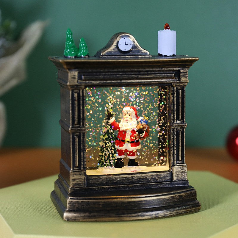 Decoratiune De Craciun Tip Semineu / Ceas, Glob De Cristal Cu Fulgi De Zapada, Iluminare Led, Carcasa Vintage Bronze - vivimall.ro