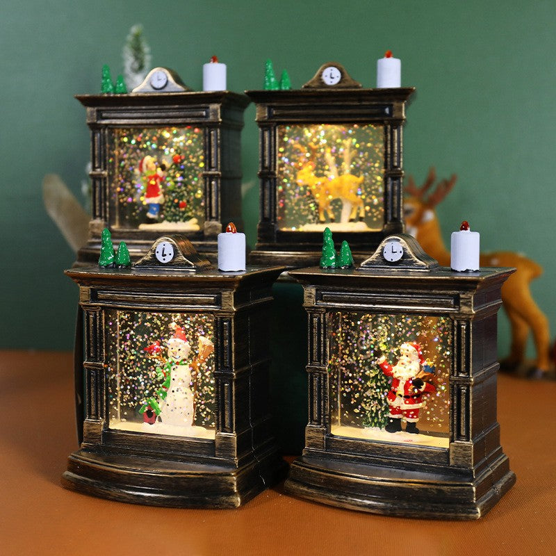 Decoratiune De Craciun Tip Semineu / Ceas, Glob De Cristal Cu Fulgi De Zapada, Iluminare Led, Carcasa Vintage Bronze - vivimall.ro