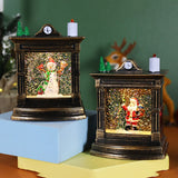 Decoratiune De Craciun Tip Semineu / Ceas, Glob De Cristal Cu Fulgi De Zapada, Iluminare Led, Carcasa Vintage Bronze - vivimall.ro