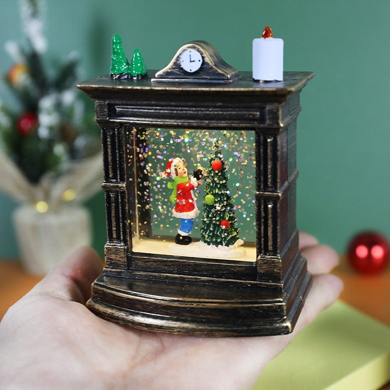 Decoratiune De Craciun Tip Semineu / Ceas, Glob De Cristal Cu Fulgi De Zapada, Iluminare Led, Carcasa Vintage Bronze - vivimall.ro