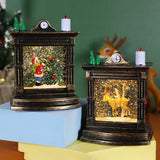 Decoratiune De Craciun Tip Semineu / Ceas, Glob De Cristal Cu Fulgi De Zapada, Iluminare Led, Carcasa Vintage Bronze - vivimall.ro