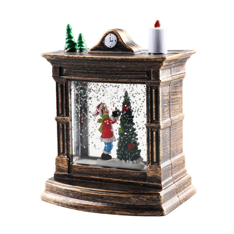 Decoratiune De Craciun Tip Semineu / Ceas, Glob De Cristal Cu Fulgi De Zapada, Iluminare Led, Carcasa Vintage Bronze - vivimall.ro