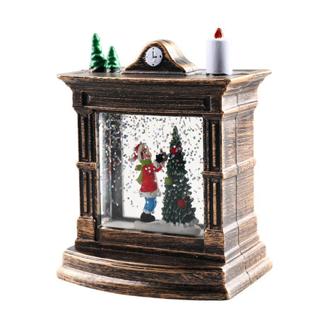 Decoratiune De Craciun Tip Semineu / Ceas, Glob De Cristal Cu Fulgi De Zapada, Iluminare Led, Carcasa Vintage Bronze - vivimall.ro
