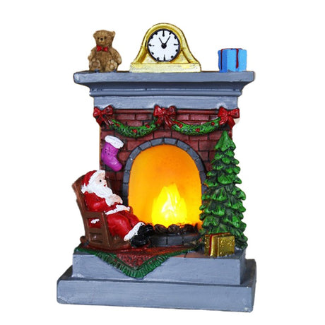 Decoratiune de Craciun tip Semineu, Vivimall, Semineu Decorativ cu Foc din Rasina, Model Semineu cu Mos Craciun, Flacara Iluminare LED, 13.5 x 9 x 6 cm, Gri Rosu - vivimall.ro