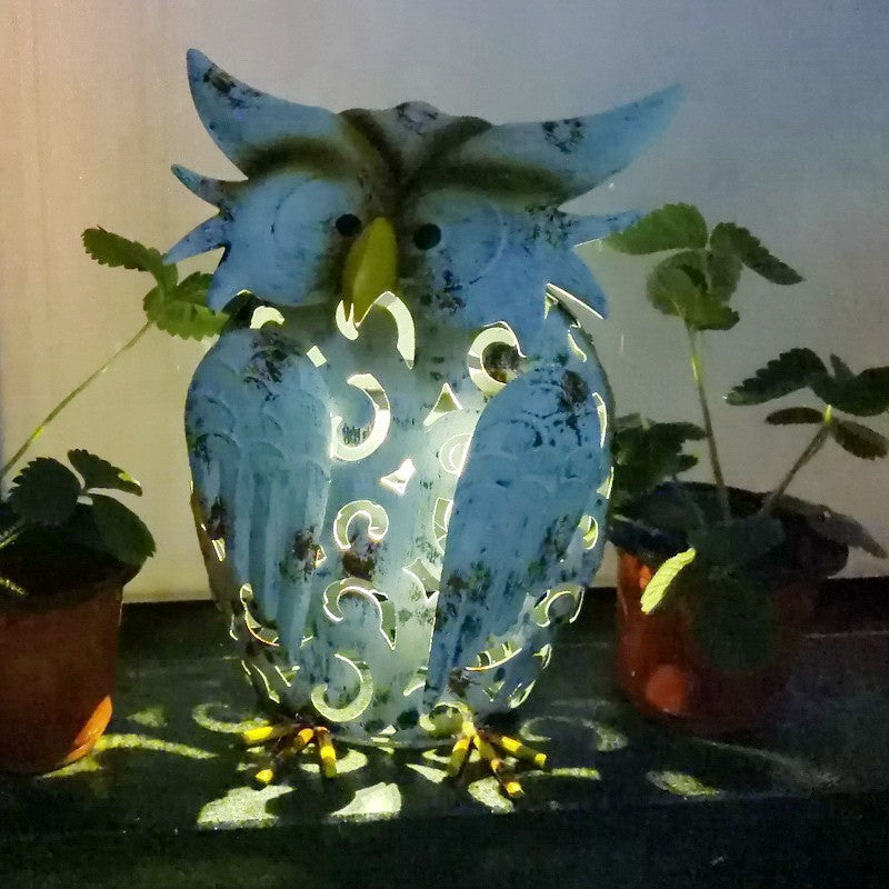 Decoratiune de Gradina cu Lampa solara, Flippy, Model Bufnita, Iluminare Led si Incarcare Solara, 20.5 x 10 x 25.5 cm, din Fier, Gri Alb - vivimall.ro