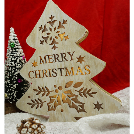 Decoratiune luminoasa, model de  Brad cu inscriptie Marry Christmas, alb, lungime: 19 cm, latime: 3 cm, inaltime: 22 cm, lemn, interior/exterior - vivimall.ro