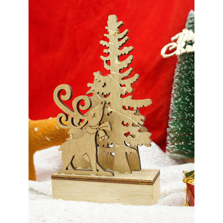 Decoratiune luminoasa, peisaj cu Cerb si Brad, maro, lungime: 11 cm, latime: 5 cm, inaltime: 19 cm, lemn, interior/exterior - vivimall.ro