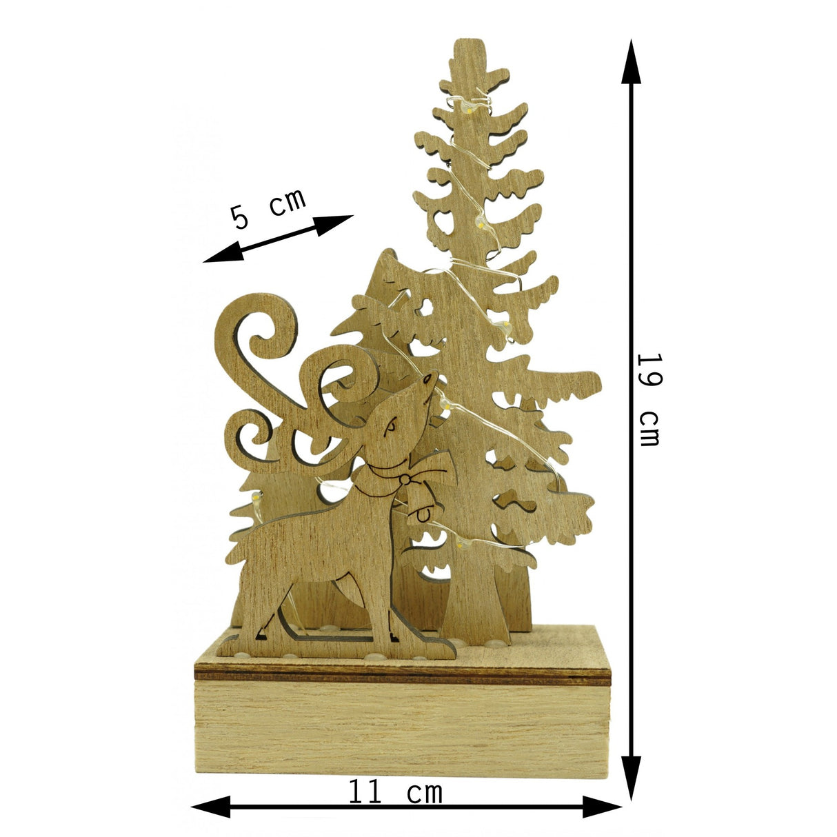 Decoratiune luminoasa, peisaj cu Cerb si Brad, maro, lungime: 11 cm, latime: 5 cm, inaltime: 19 cm, lemn, interior/exterior - vivimall.ro