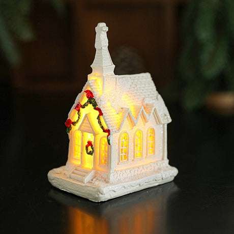 Decoratiune Ornament de Craciun, Flippy, Biserica de Craciun din Rasina, Model Biserica Mica Iluminata din Interior, 8.8 x 6 x 4.5 cm, Alb - vivimall.ro