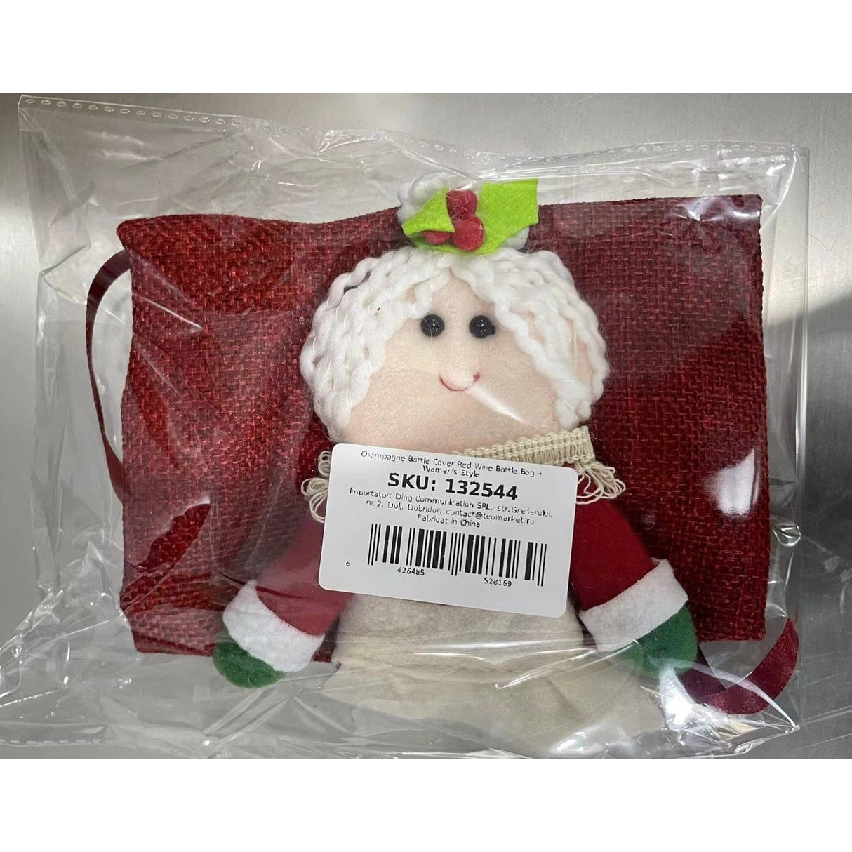 Decoratiune pentru Sticla de Vin, Vivimall, Tema Craciun, Model Doamna Craciun, 14 x 29 cm, Rosu - vivimall.ro