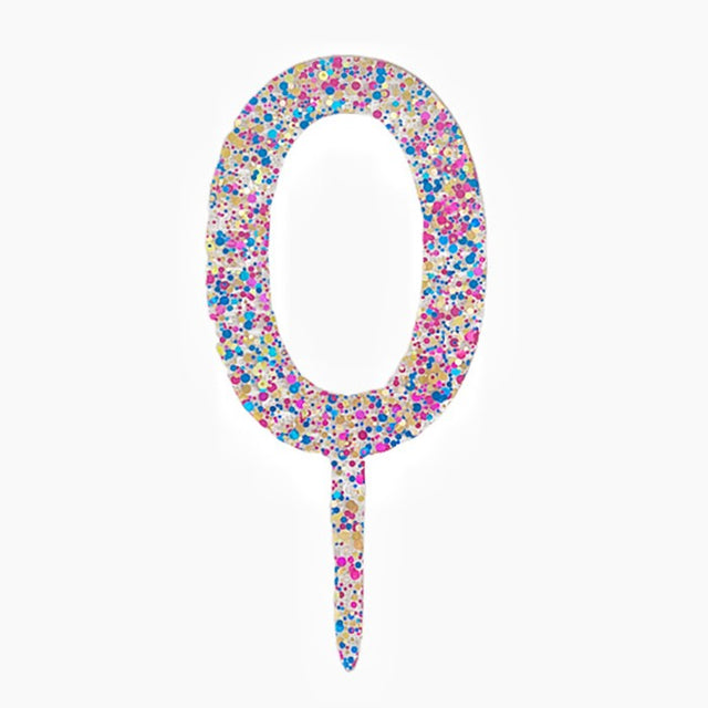 Topper tort cifra 0 din acrilic transparent cu sclipici multicolor, înălțime 18,5 cm, vedere frontală