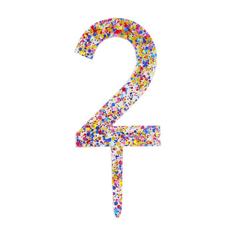 Decoratiune Topper pentru Tort, Flippy, din Acrilic cu Fulgi de Sclipici, Model Cifra 2, Inaltime 18.5 cm, Transparent Multicolor - vivimall.ro