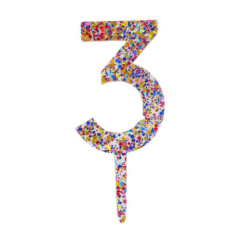 Decoratiune Topper pentru Tort, Flippy, din Acrilic cu Fulgi de Sclipici, Model Cifra 3, Inaltime 18.5 cm, Transparent Multicolor- - vivimall.ro