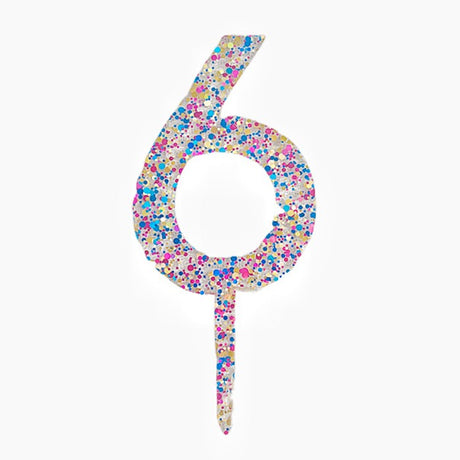 Decoratiune Topper pentru Tort, Flippy, din Acrilic cu Fulgi de Sclipici, Model Cifra 6, Inaltime 18.5 cm, Transparent Multicolor- - vivimall.ro