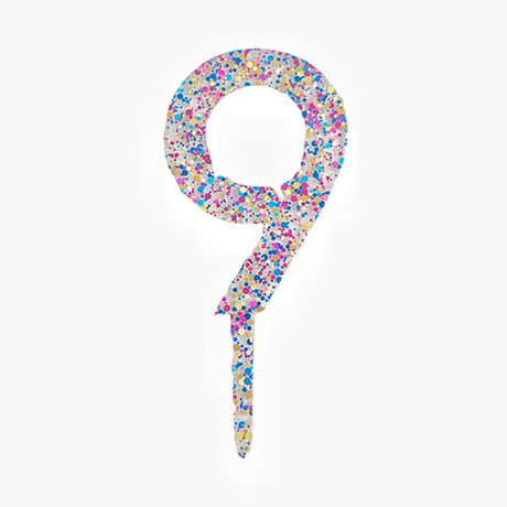 Decoratiune Topper pentru Tort, Flippy, din Acrilic cu Fulgi de Sclipici, Model Cifra 9, Inaltime 18.5 cm, Transparent Multicolor- - vivimall.ro