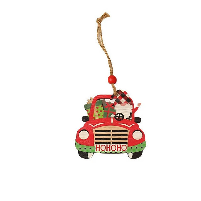 Decoratiune de Craciun din Lemn, Vivimall, cu Snur pentru Agatare in Brad, Model Masina lui Mos Craciun, Scris HoHoHO, 8x8x0.4 cm, Multicolor - vivimall.ro