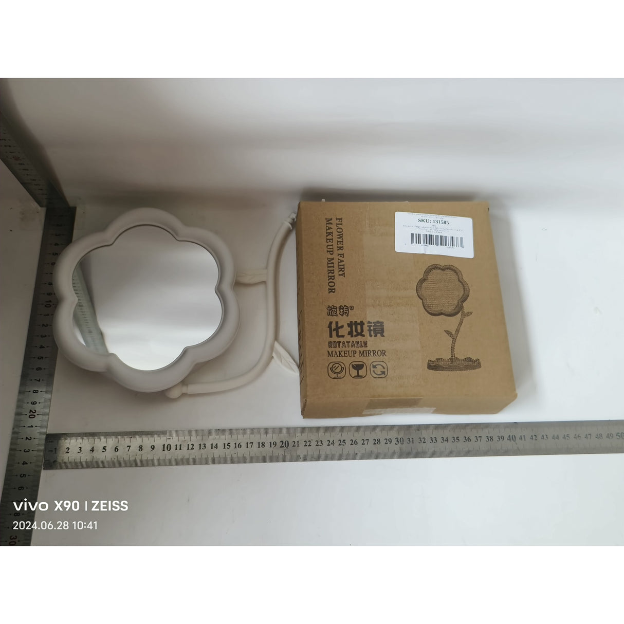 Oglindă de Machiaj pentru Birou, Flippy, Rotativă, Detasabilă, Model de Floarea Soarelui, Suport pentru Inele, cu Depozitare, Alba