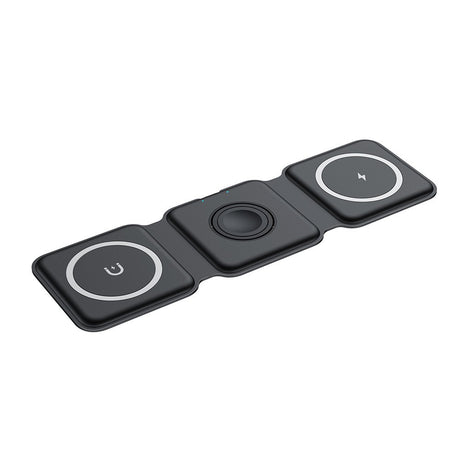 Încărcător wireless magnetic pliabil 3în1, 15W, negru, vedere frontală deschisă cu telefon și Apple Watch