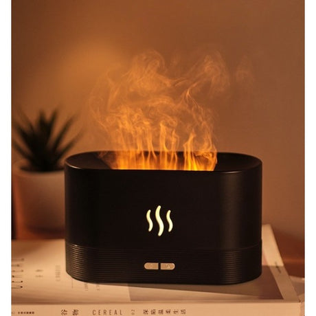 Difuzor de ulei esential cu flacara Vivimall, aromaterapie, umidificator de aer, rezervor 180 ml, simulare efectelor de iluminare a flacarii, lumina veghe ajustabila, negru - vivimall.ro