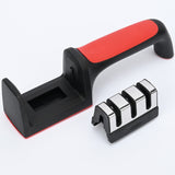 Dispozitiv pentru ascutit cutite Vivimall, cu 3 pozitii, rosu/negru, material inox si ABS, 21.5x5x6 cm - vivimall.ro