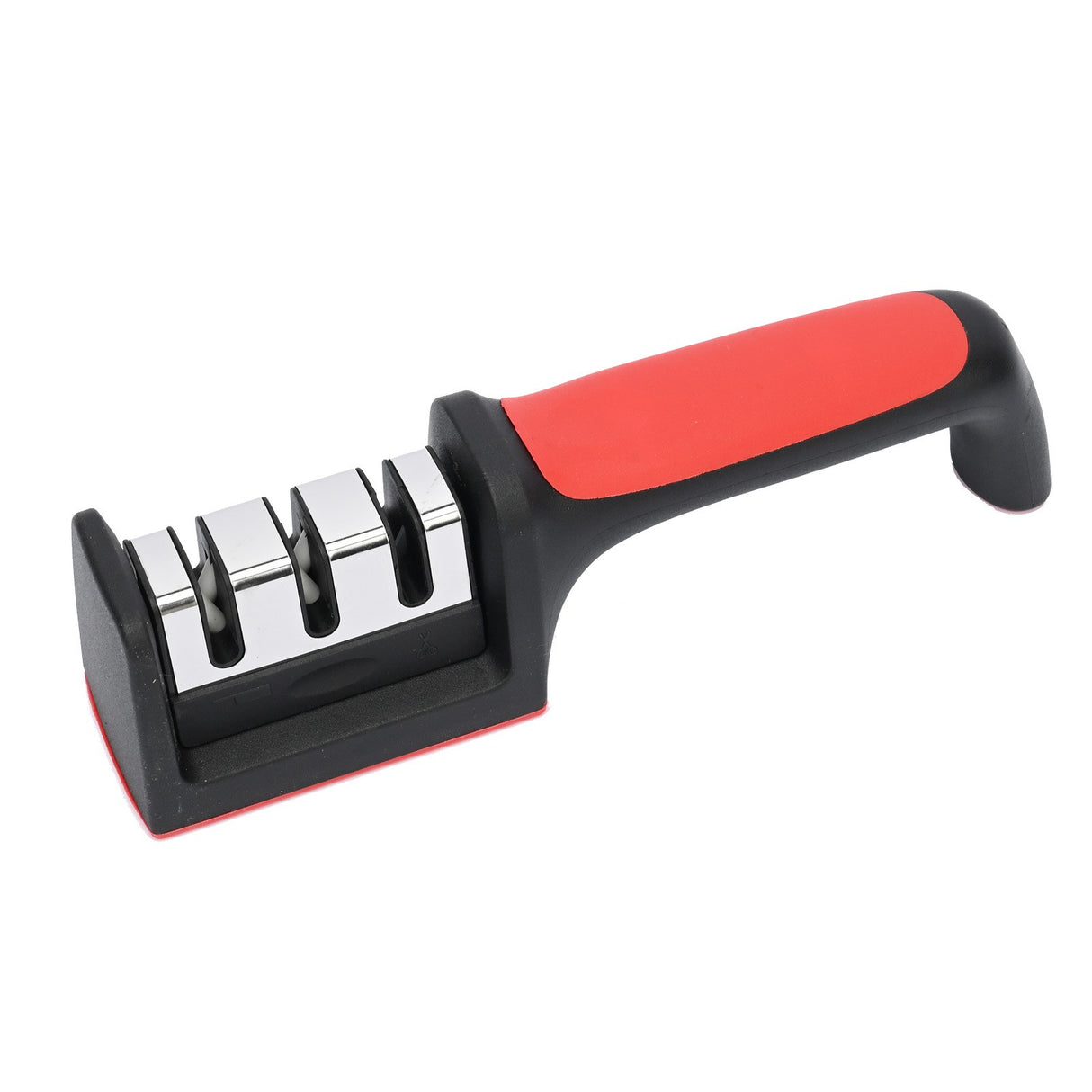 Dispozitiv pentru ascutit cutite Vivimall, cu 3 pozitii, rosu/negru, material inox si ABS, 21.5x5x6 cm - vivimall.ro