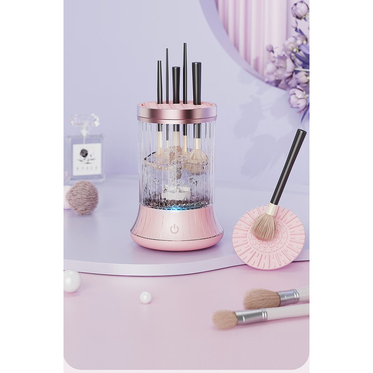 Dispozitiv Portabil de Curatare a Pensulelor de Machiaj, Vivimall, pentru Pensule de Diferite Dimensiuni, 5V, 7000RPM, Vibratii Sonice, USB Type C, 9x9x16 cm, Roz - vivimall.ro