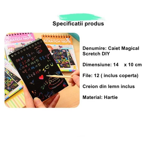 Caiet cu fise razuibile Vivimall, DIY Magic Scratch, 12 File, Curcubeu, Creion din Lemn, Cartonase negre, 14 x 10 cm, galben - vivimall.ro