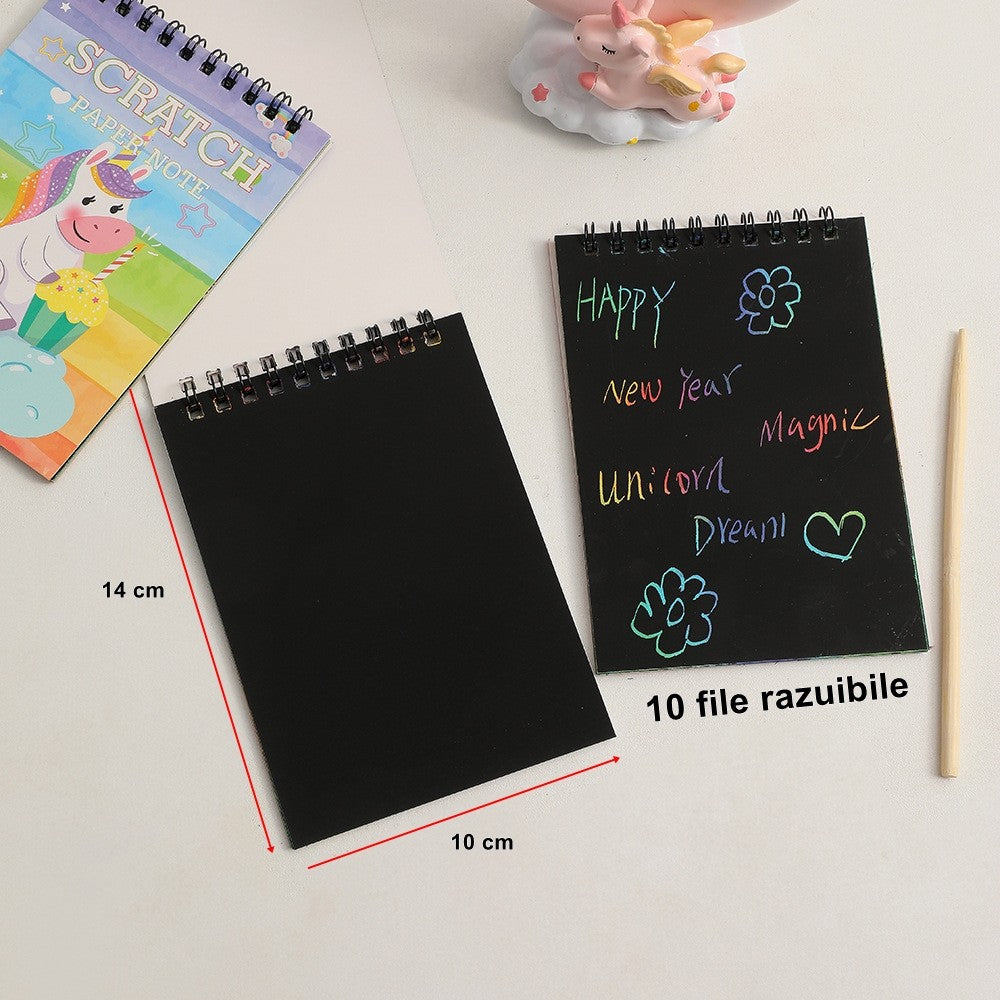Caiet cu fise razuibile Vivimall, DIY Magic Scratch, 12 File, Curcubeu, Creion din Lemn, Cartonase negre, 14 x 10 cm, galben - vivimall.ro