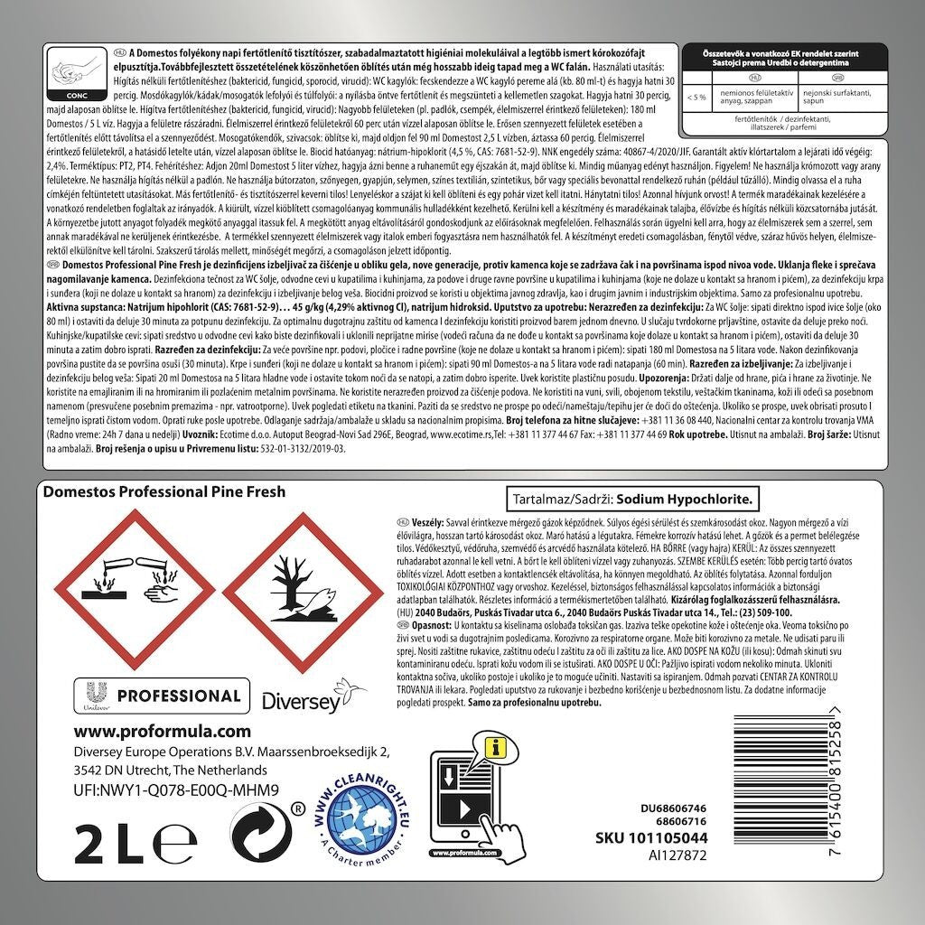 Domestos Professional Pine Fresh – Detergent Lichid Dezinfectant, 2 L - vivimall.ro