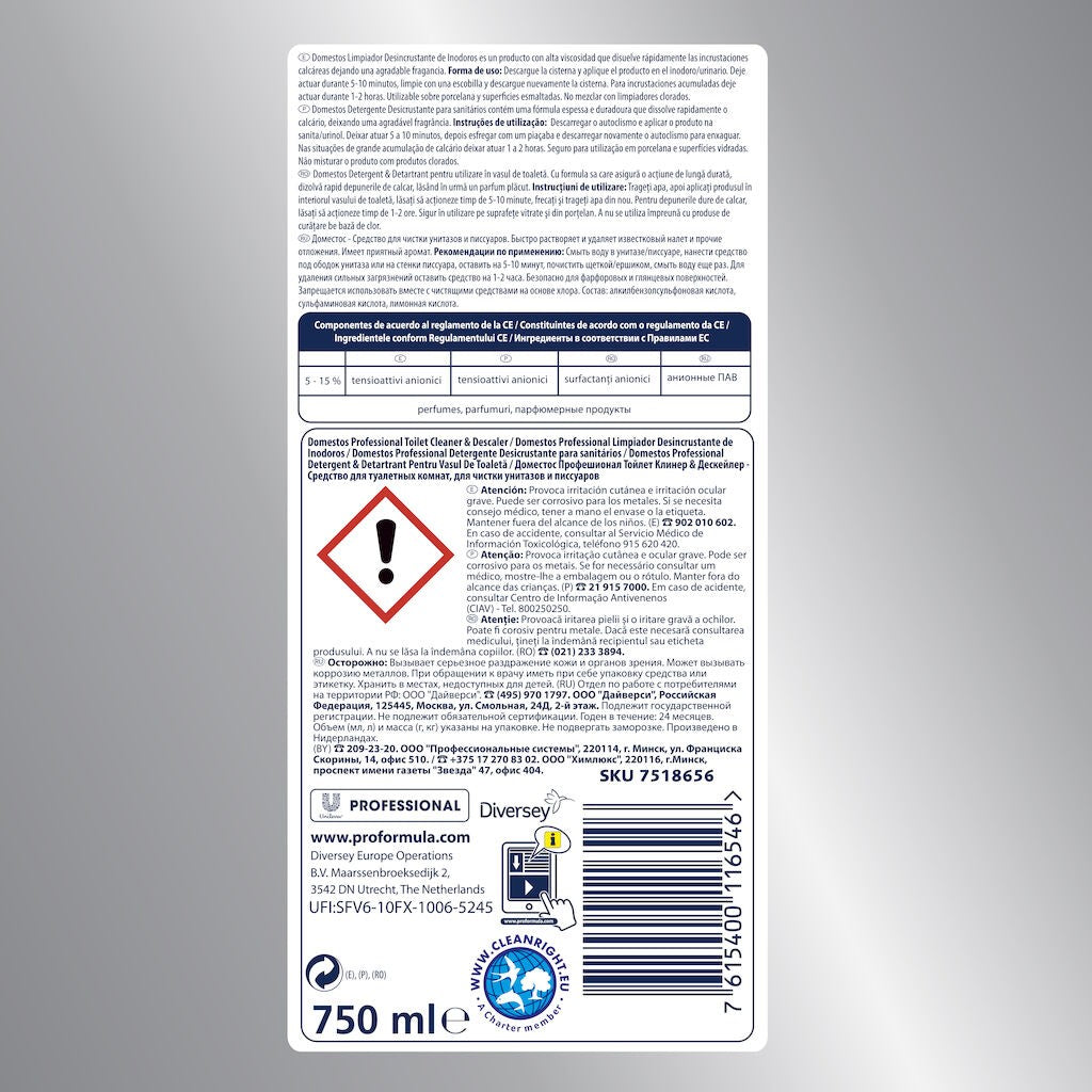 Domestos Professional Toilet Cleaner & Descaler – Detartrant pentru Toaleta, 0,75 L - vivimall.ro