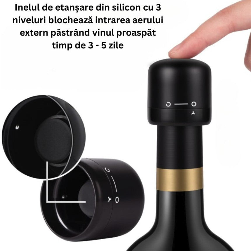 Dop de Etansare a Sticlei de Vin, Vivimall, Rotativ, On-Off, Silicon, Reutilizabil, Usor de Depozitat si Folosit, 3.4 x 3.4 x 3.4 cm, Negru - vivimall.ro