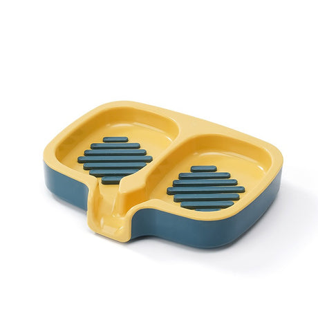 Savoniera dublă Vivimall din ABS albastru și galben, 14,5x18x3 cm, vedere frontală cu cele două compartimente
