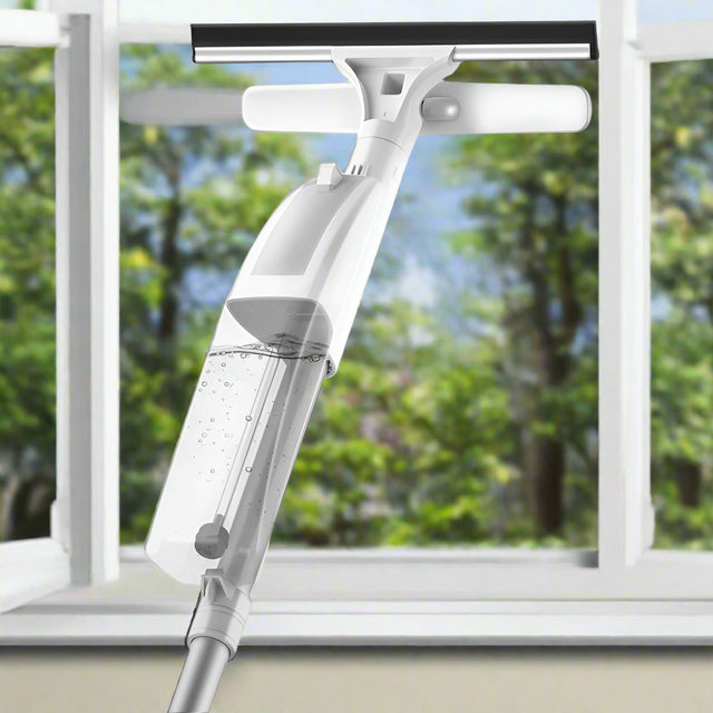 Ștergător De Geamuri, Cu Două Fețe, Tijă Telescopică, Cu Recipient De Lichid, Lavetă Din Microfibră, Racletă Silicon, 120 cm, Alb - vivimall.ro