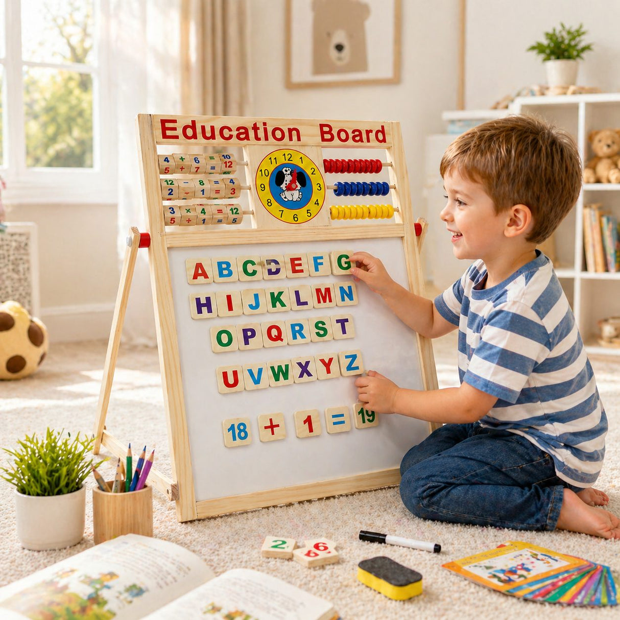 Tabla Educativa Magnetica cu Doua Fete, Flippy, Cadru din Lemn, Abac, Ceas, Litere, Cifre si Semne Matematice, Reglabila pe Inaltime, 52x36 cm - vivimall.ro