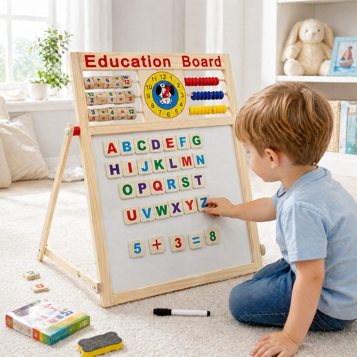 Tabla Educativa Magnetica cu Doua Fete, Flippy, Cadru din Lemn, Abac, Ceas, Litere, Cifre si Semne Matematice, Reglabila pe Inaltime, 52x36 cm - vivimall.ro