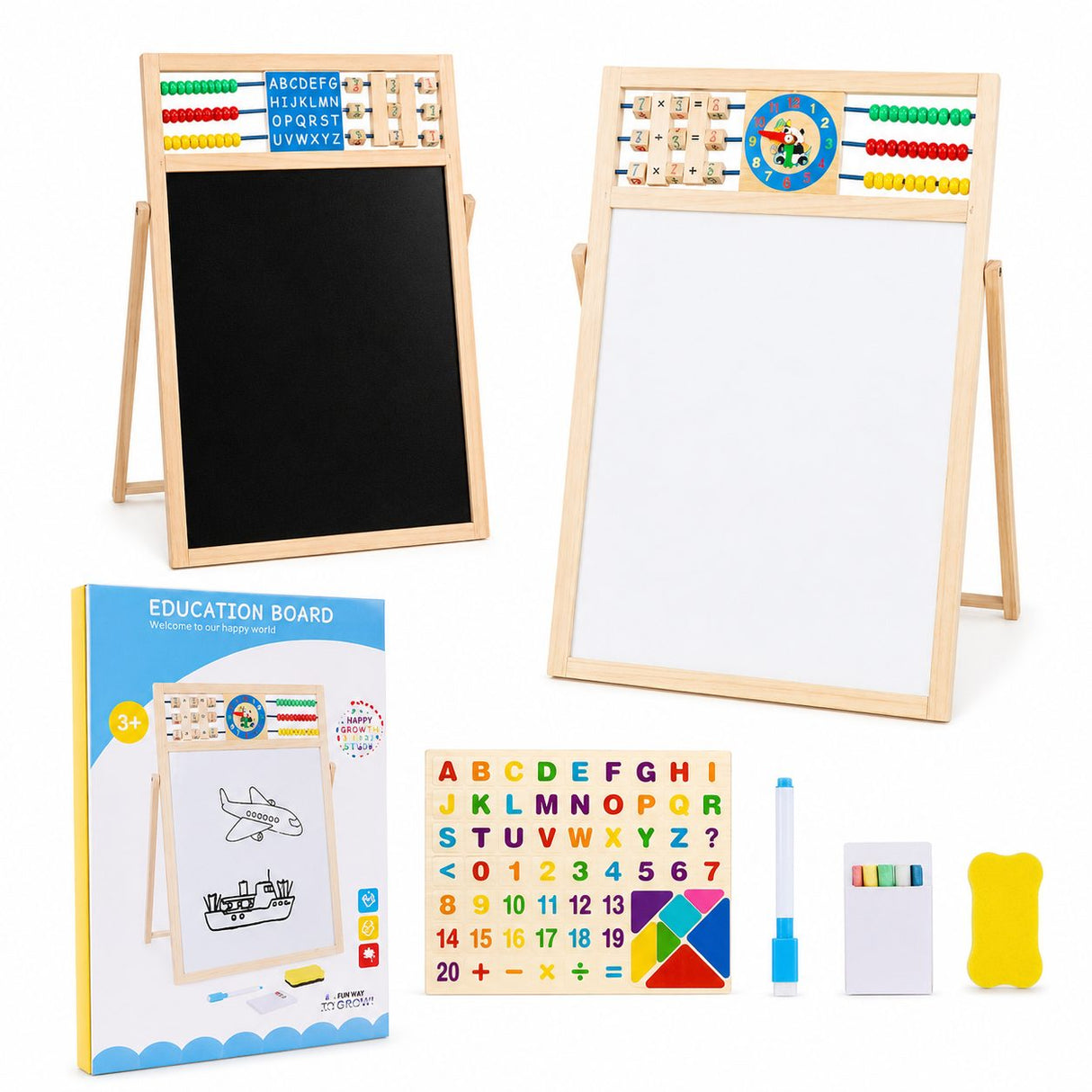 Tabla Educativa de Desen Magnetica cu Doua Fete, Flippy, Reglabila pe Inaltime, Cadru din Lemn, Abac, Litere si Accesorii Incluse, Varsta Recomandata 3 Ani Plus, 52x36 cm - vivimall.ro
