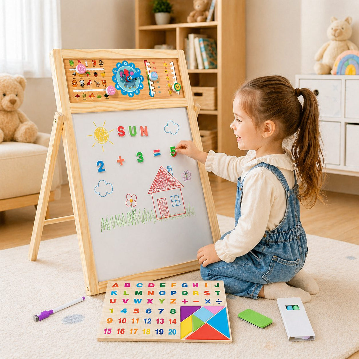 Tabla Educativa de Desen Magnetica cu Doua Fete, Flippy, Reglabila pe Inaltime, Cadru din Lemn, Tabla Alba, Litere, Cifre, Ceas si Accesorii Incluse, 52x36 cm - vivimall.ro