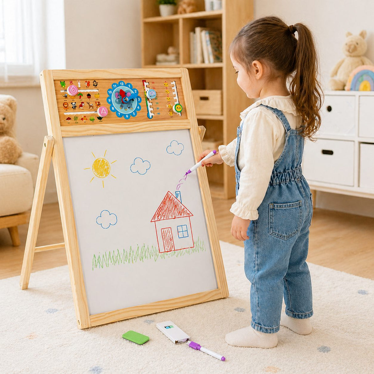 Tabla Educativa de Desen Magnetica cu Doua Fete, Flippy, Reglabila pe Inaltime, Cadru din Lemn, Tabla Alba, Litere, Cifre, Ceas si Accesorii Incluse, 52x36 cm - vivimall.ro