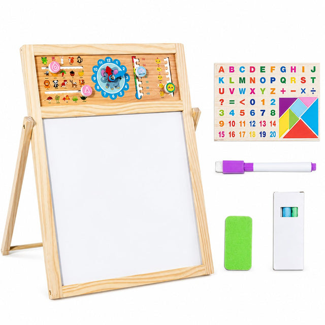 Tabla Educativa de Desen Magnetica cu Doua Fete, Flippy, Reglabila pe Inaltime, Cadru din Lemn, Tabla Alba, Litere, Cifre, Ceas si Accesorii Incluse, 52x36 cm - vivimall.ro